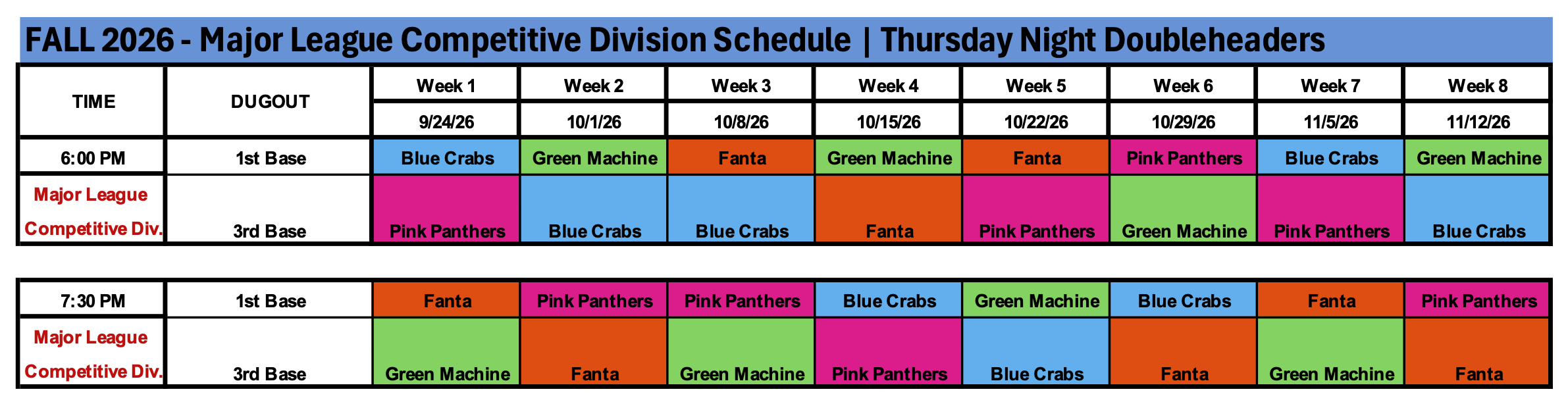 SCHEDULE_FALL 2026 Major League Competitive Division Rosters_with JAM